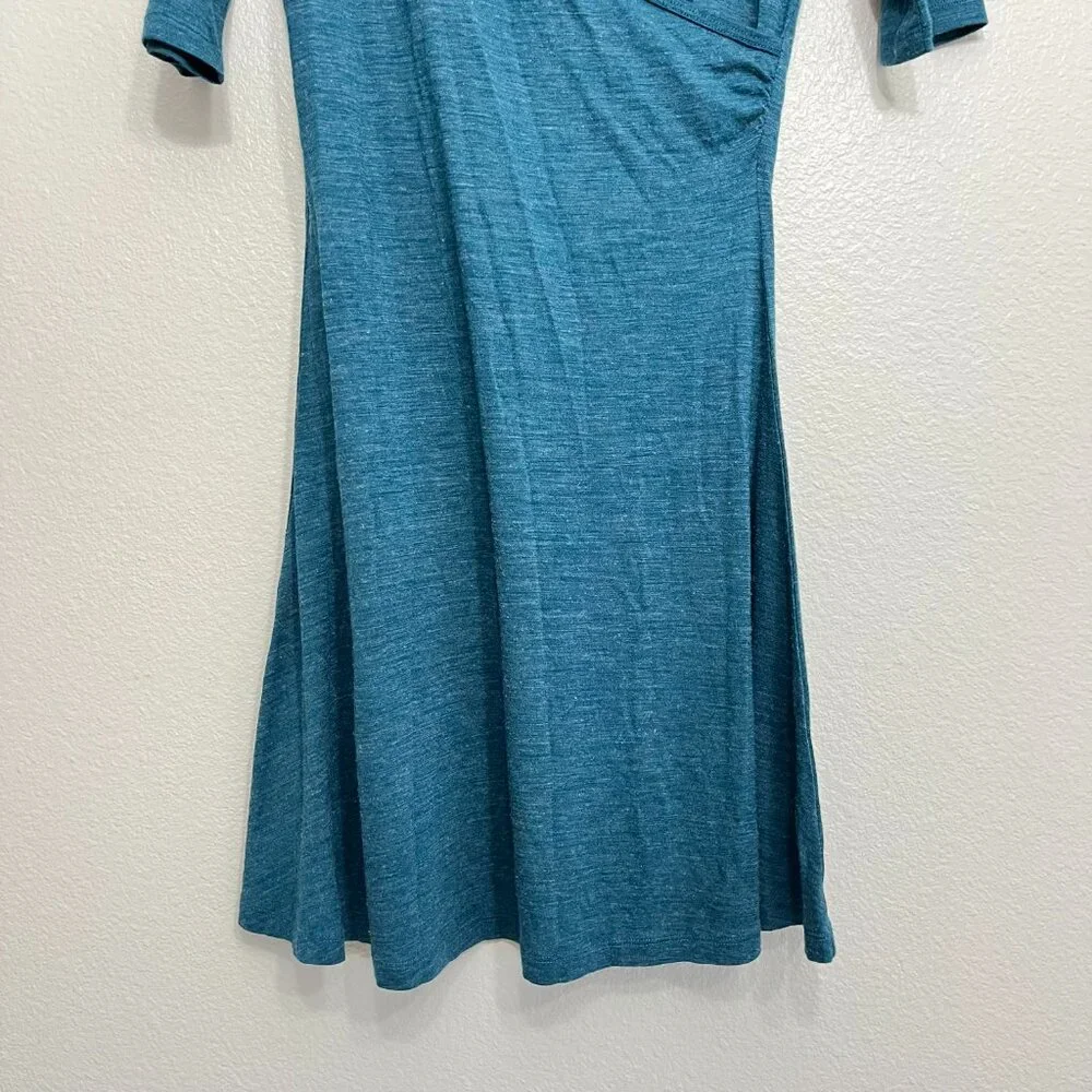 Prana Nadia Faux Wrap Dress Size Small Women's Teal Blue Wool Blend Short Sleeve - Picture 3 of 6